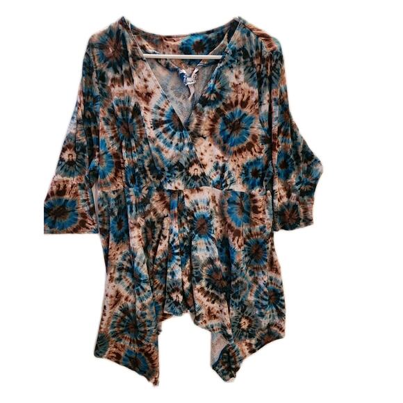 Denim 24/7 Women's XL Tunic Sheer Top Satrburst Tie Die Earth Tones Hippy Girl - Picture 7 of 13